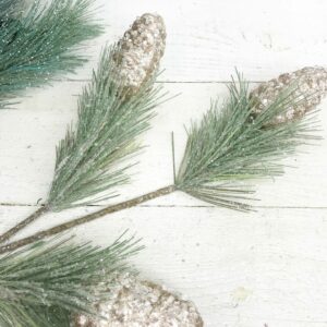 29in Frosted Pine Cone and Pine Needles Stem XM81391 (1)