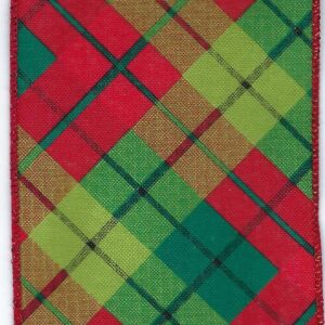 4" Red Green Diagonal Plaid Check Ribbon on 10 Yard Roll