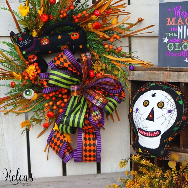 handmade halloween wreath with decorations