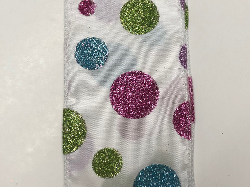 2.5" White Ribbon with Glitter Multi Color Dots on 10 Yard Roll