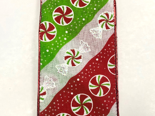 red white and green striped ribbon with peppermint candy