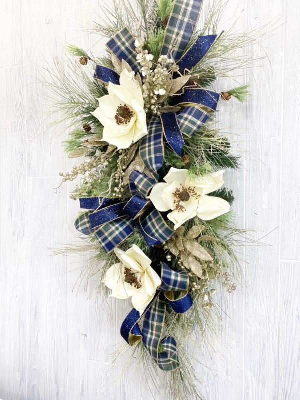 Design School Christmas Blue and Gold Magnolia Swag - Kelea's Florals