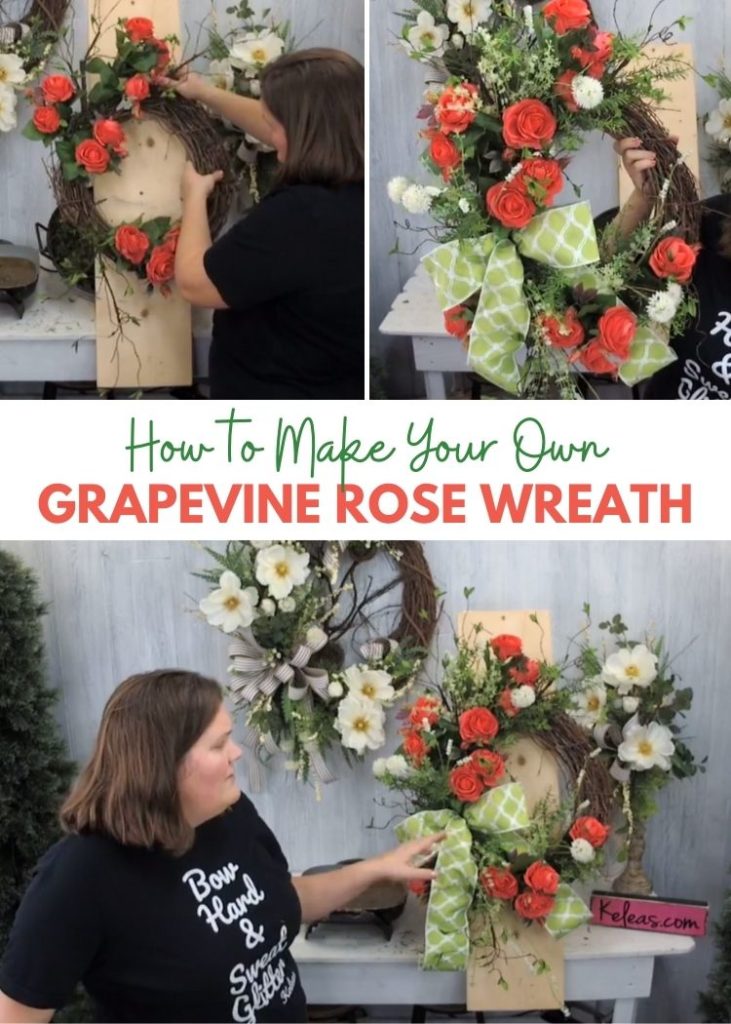 collage of pictures showing a woman making a rose wreath