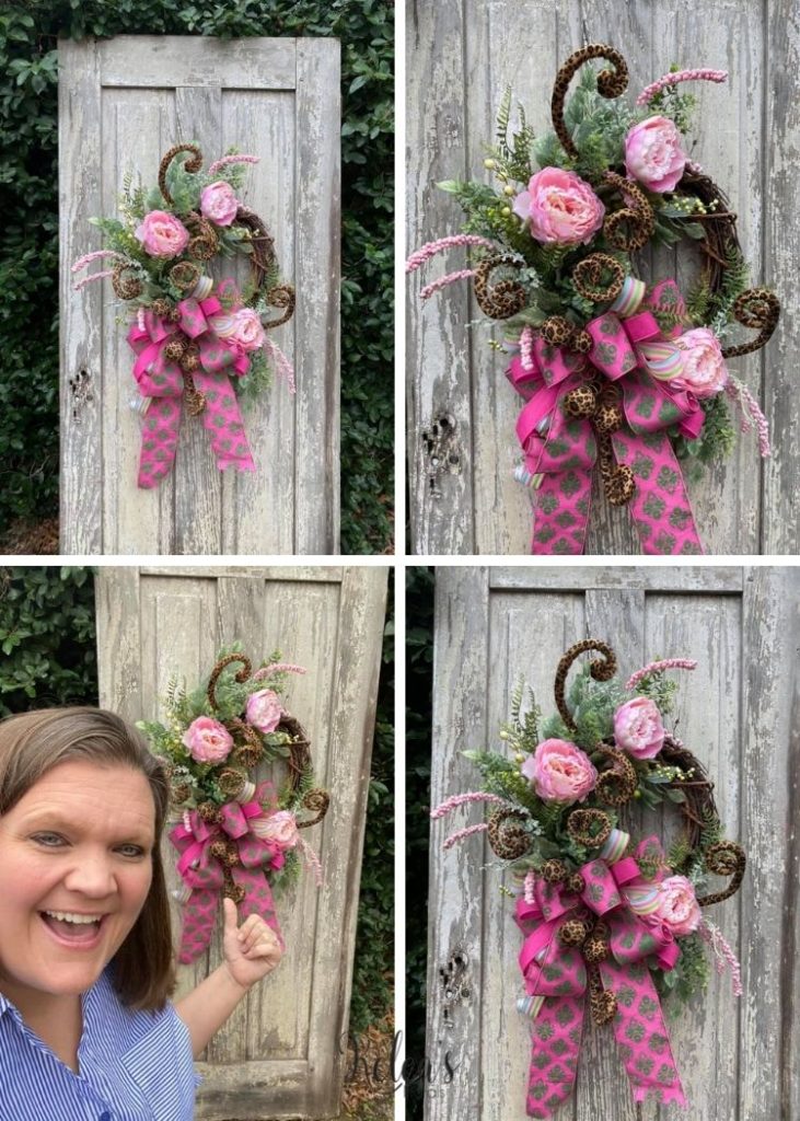 collage of photos featuring a grapevine wreath with pink peonies, greenery stems, and a large pink bow