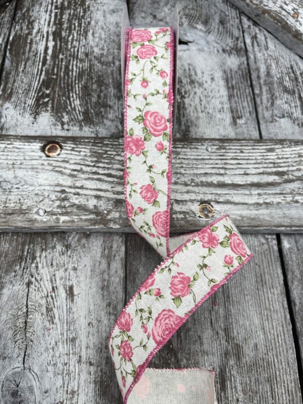 1.5" White Canvas Pink Roses Wired Ribbon Q918909-18