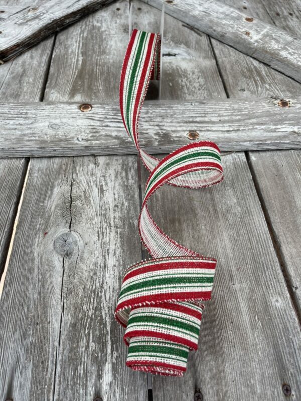1.5" White Burlap with Green/Red Vertical Stripes Ribbon 72151-09-08