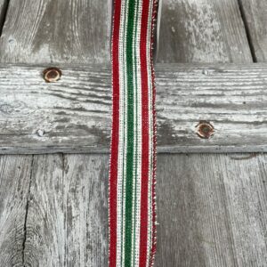 1.5" White Burlap with Green/Red Vertical Stripes Ribbon 72151-09-08