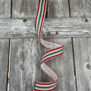 1.5" White Burlap with Green/Red Vertical Stripes Ribbon 72151-09-08