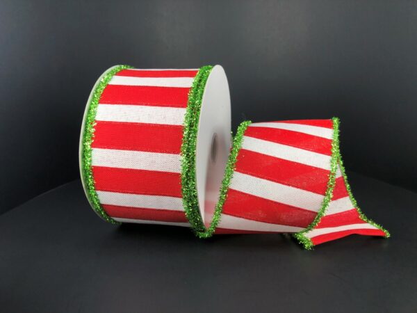 Red and White Wide Stripes with Green Tinsel Edge