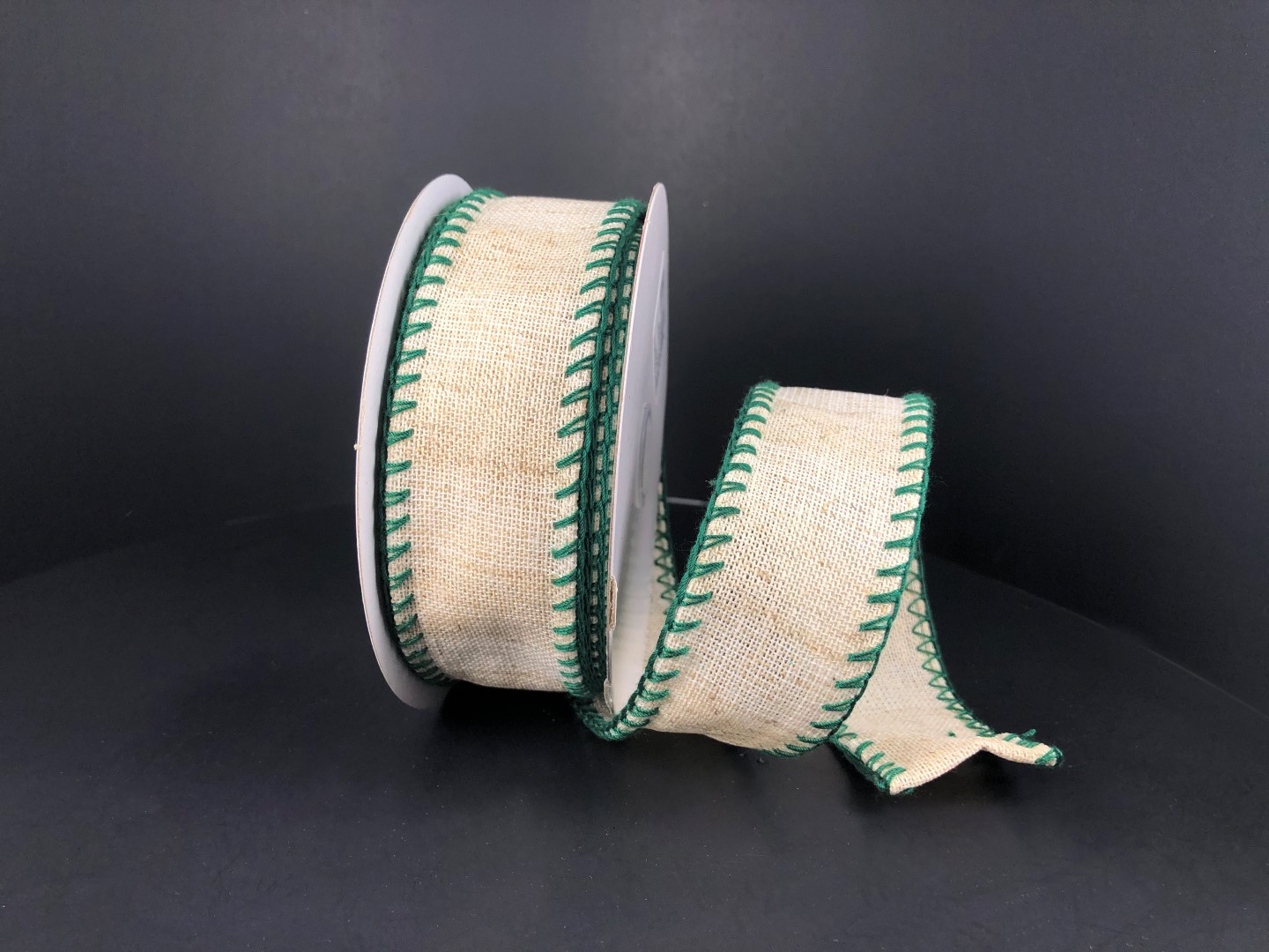 1.5" Ivory Canvas with Green Stitch Edge Ribbon on a 10 Yard Roll