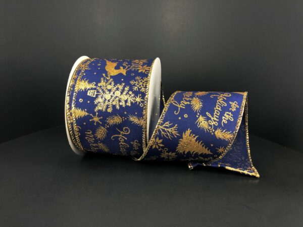 Navy Satin with Gold Glittery Christmas Script & Icons