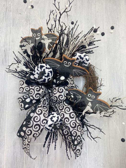 Black and White with Bat Halloween Wreath