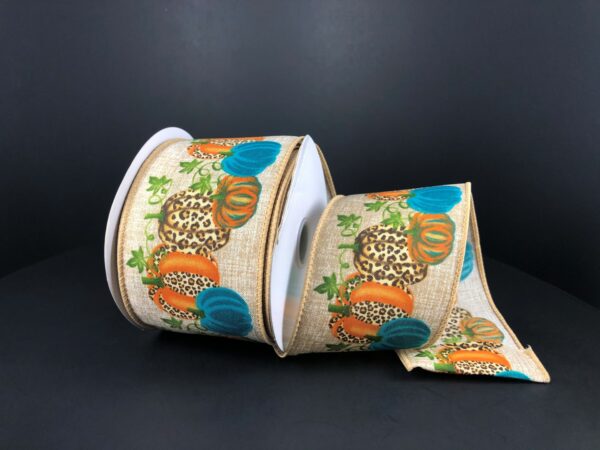 Satin Linen with Cheetah Teal Pumpkins Ribbon