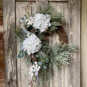 Snowy Hydrangea Wreath with Trailing Pine