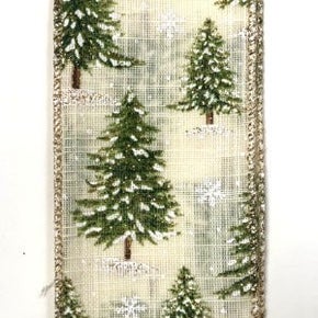 Snowy Pine Trees on Cream Linen Ribbon