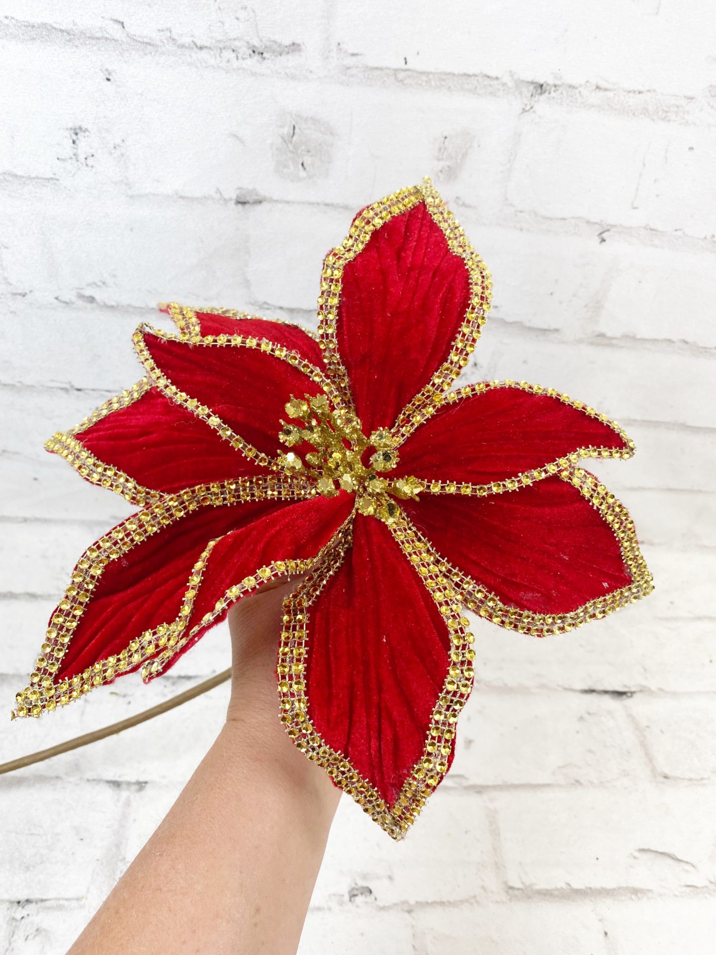 Red Gold Velvet Bead Poinsettia Stem - Kelea's Florals