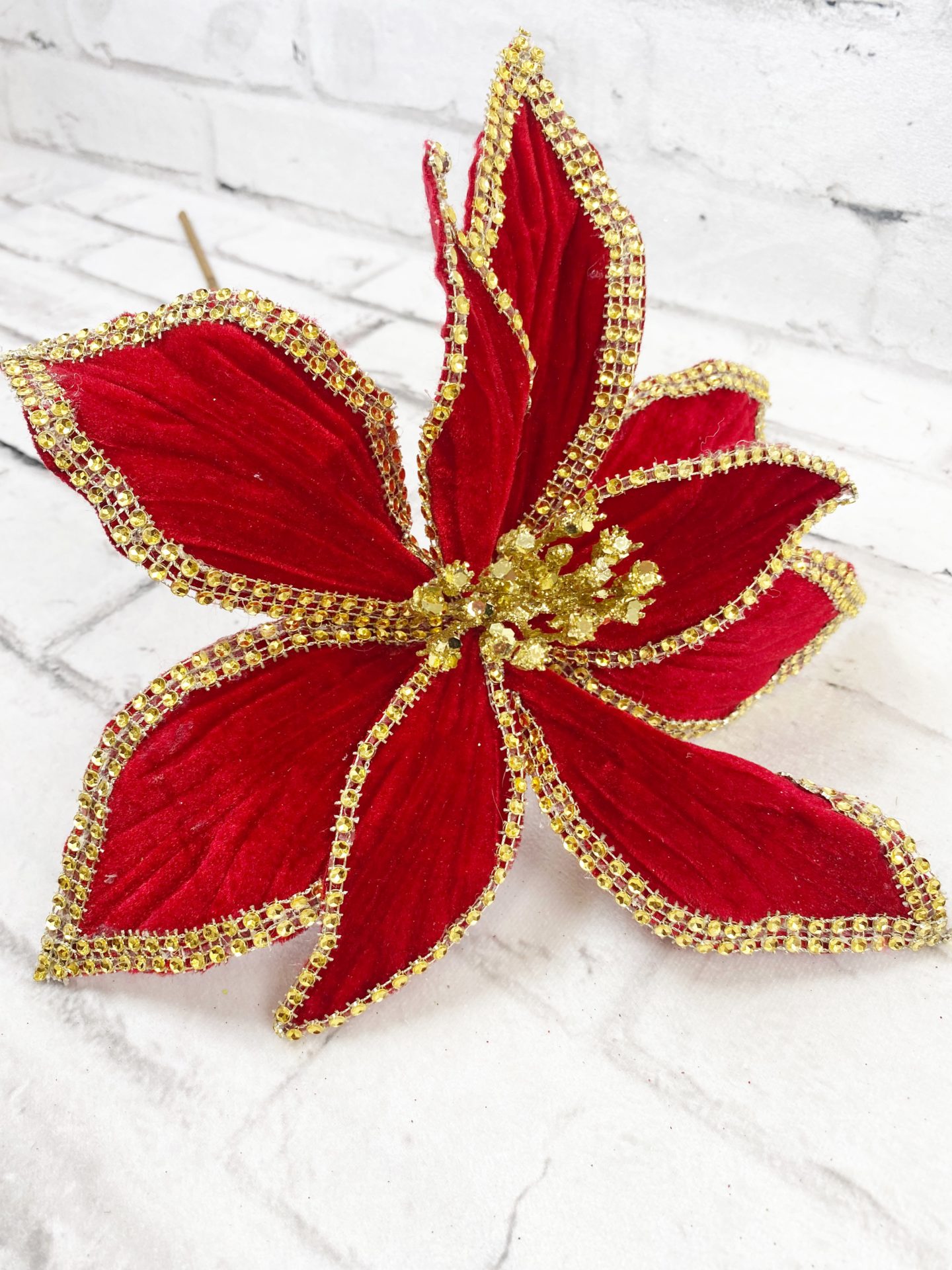 Red Gold Velvet Bead Poinsettia Stem - Kelea's Florals