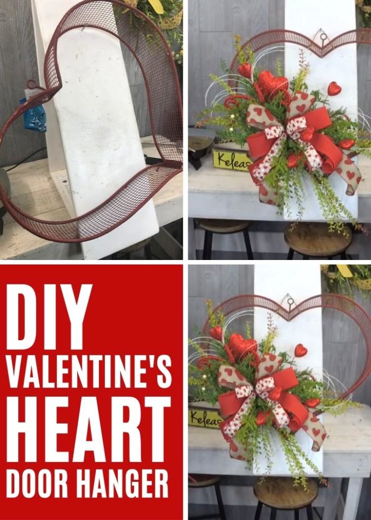 collage of a valentine's day heart door hanger with flowers, greenery, and heart picks.