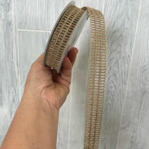 1.5" Ivory Linen with Black Cabana Stripes Ribbon on a 10 Yard Roll