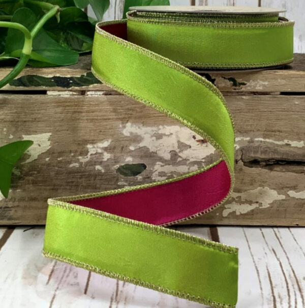 1" Hot Pink and Apple Green Taffeta Double side Ribbon on 10 Yard Roll