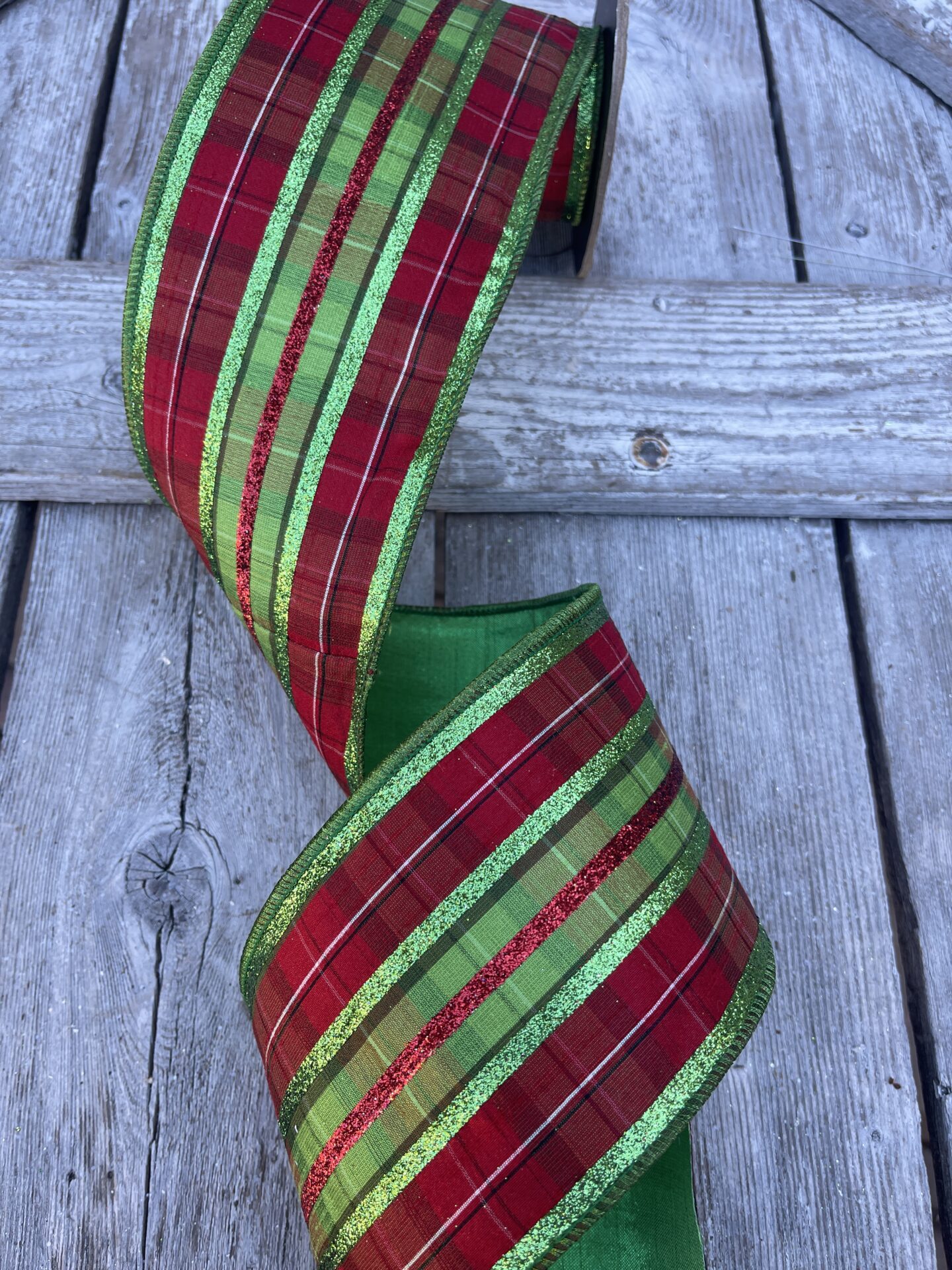 Reliant Ribbon - 92981W-601-10F, Primary Metallic Plaid Dupioni Wired Ed Ribbon Lime Red 4 Inch 10 Yards