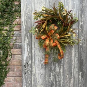 Fall Wreath with Orange Plaid Bow