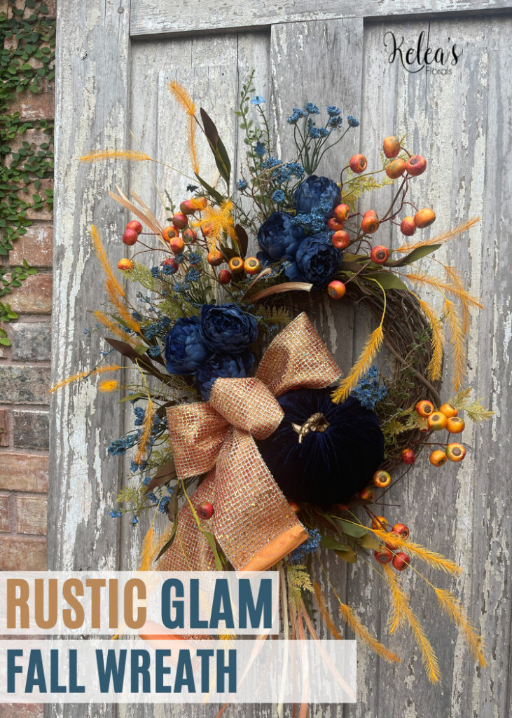 How to make a rustic glam blue fall wreath pin image with wreath on farm door