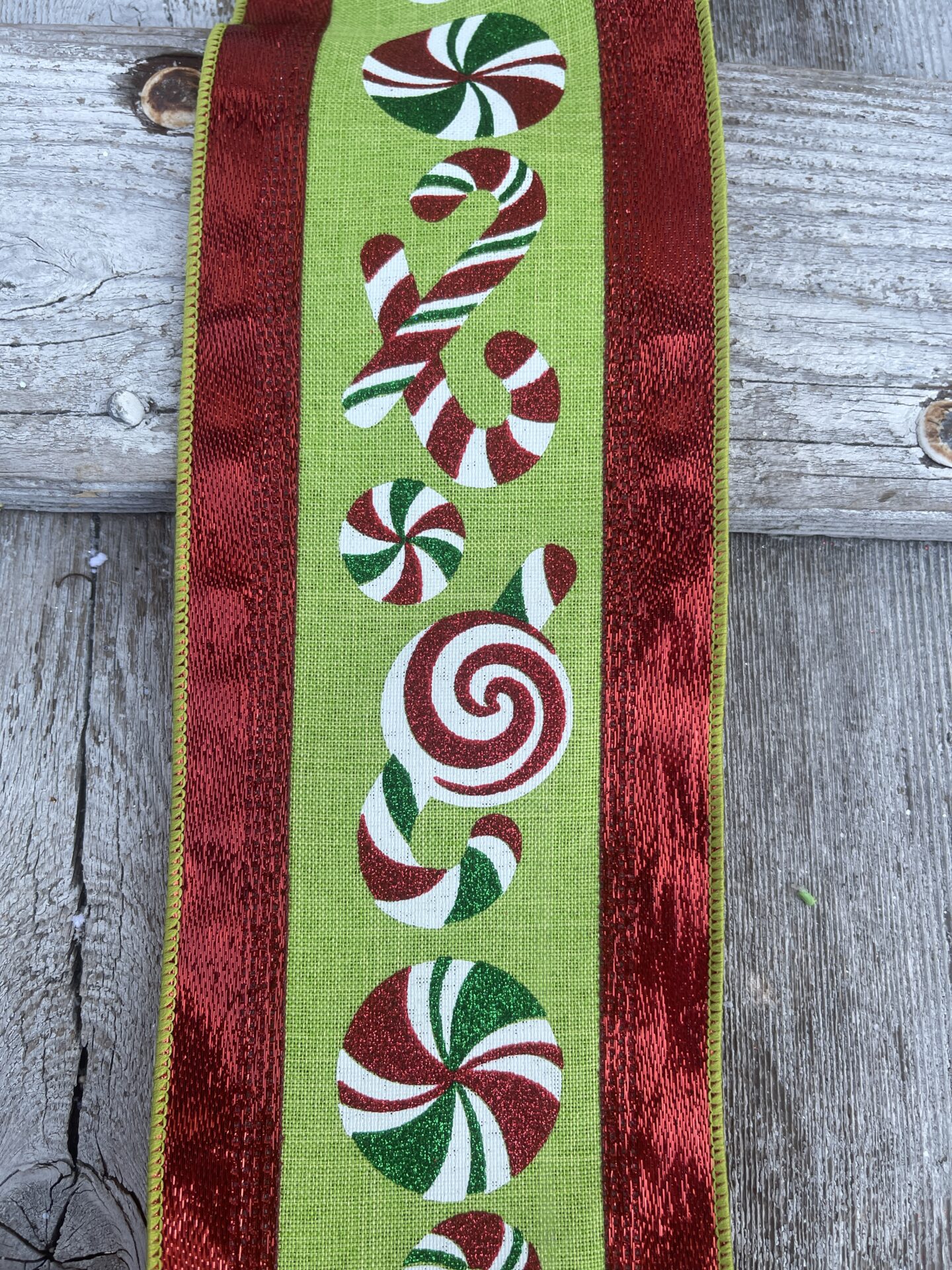 4" Lime Linen with Red and Green Candy Cane Metallic Red Edge Ribbon on