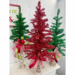 Electroplating Tinsel Trees on candelsticks with bows