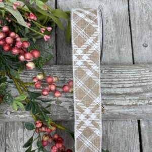 1.5″ Natural Linen with White Sandra Plaid Edge Wired Ribbon 41342-09-15