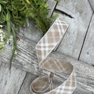1.5″ Natural Linen with White Sandra Plaid Edge Wired Ribbon 41342-09-15