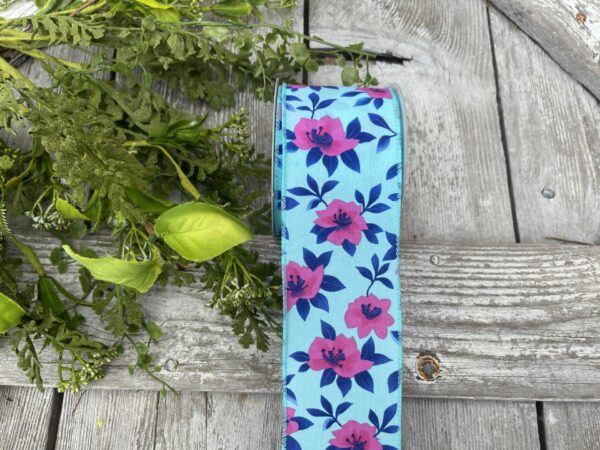 2.5" Aqua Satin with Fuchsia Magnolias Wired Ribbon 41335-40-45