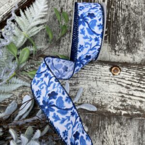 1.5" White Satin with Blue Watercolor Flower Branches Ribbon on a 10 Yard Roll 41356-09-39