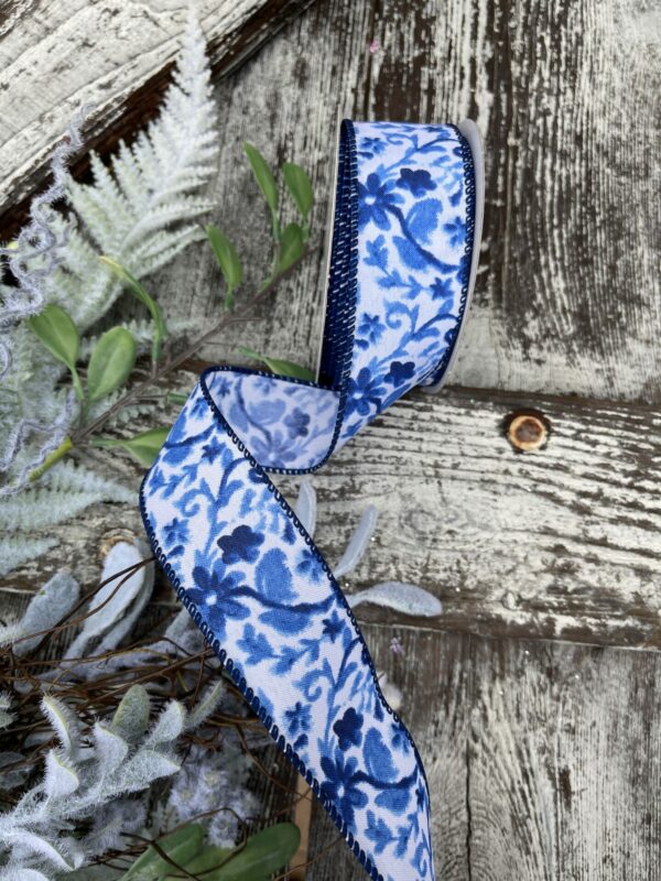 1.5" White Satin with Blue Watercolor Flower Branches Ribbon on a 10 Yard Roll 41356-09-39
