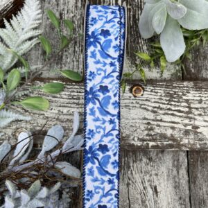 1.5" White Satin with Blue Watercolor Flower Branches Ribbon on a 10 Yard Roll 41356-09-39
