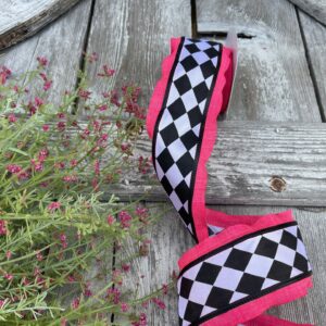 2.5in Black White Harlequin with Hot Pink Edge Ribbon 45218-40-44