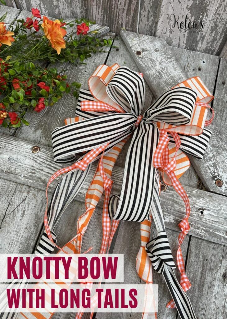pin image with wood background, bold pink title that says "Knotty Bow with Long Tails" and an image of Knotty Bow