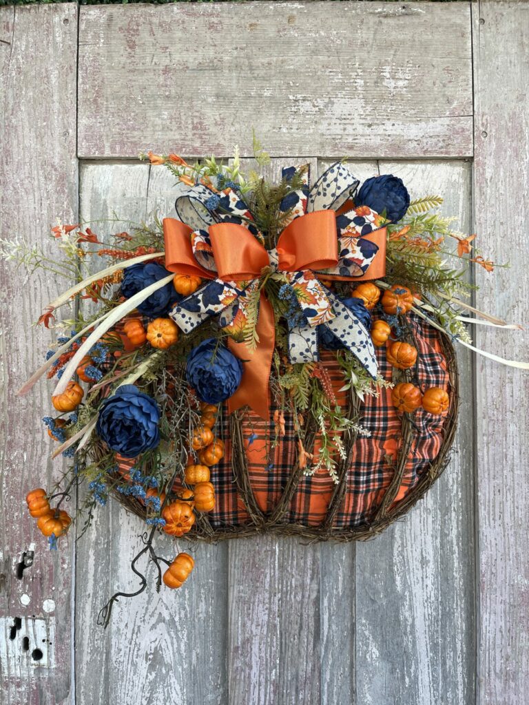 Blue and Orange Pumpkin Floral Wreath