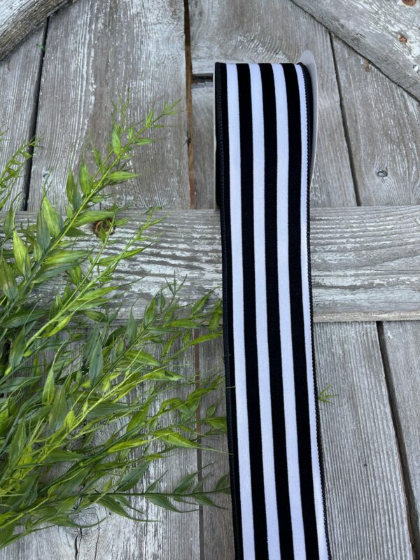 4in Black and White Flocked Cabana Striped Wired Ribbon 71210-40-01