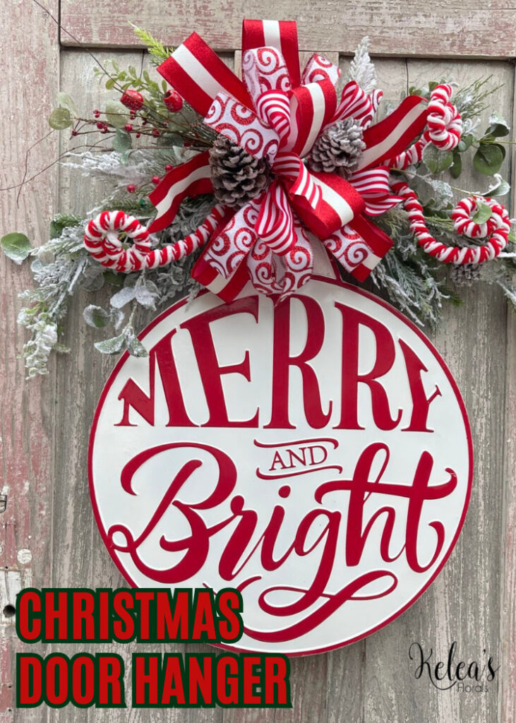 merry and bright door hanger on distressed door