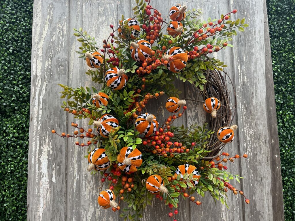 Halloween To Fall Harlequin Pumpkin Wreath