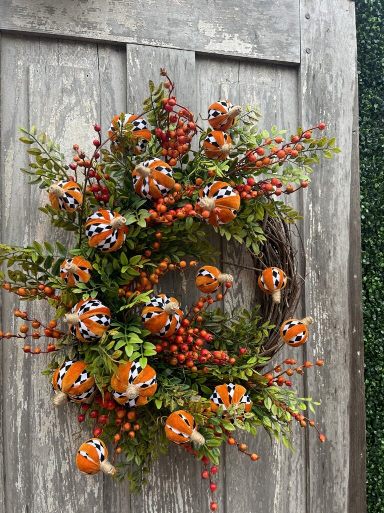 Halloween To Fall Harlequin Pumpkin Wreath