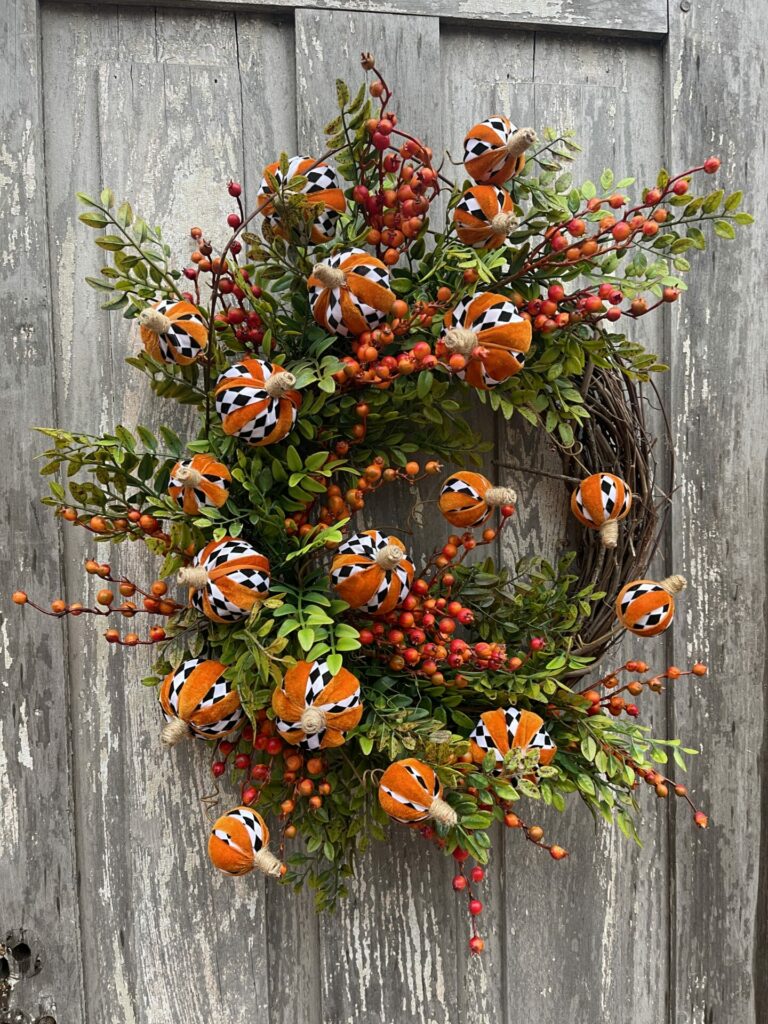 Halloween To Fall Harlequin Pumpkin Wreath