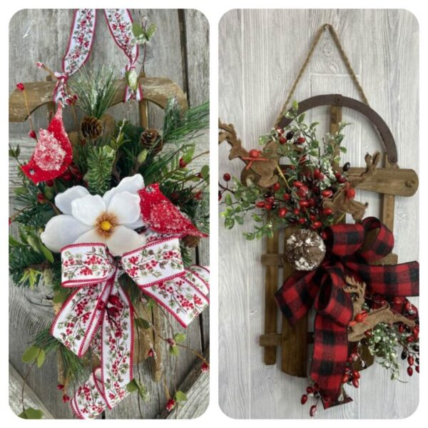 2 winter sled wreath door hangers