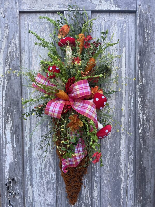 Easter Carrot with Mushrooms Door Hanger with pink 3 loop bow