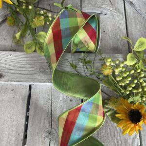 94323W-001-40D 2.5" Multi Colored Plaid Diagonal Deluxe Dupioni Backed Wired Edge Ribbon