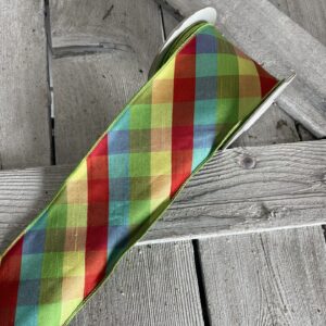 94323W-001-40D 2.5" Multi Colored Plaid Diagonal Deluxe Dupioni Backed Wired Edge Ribbon