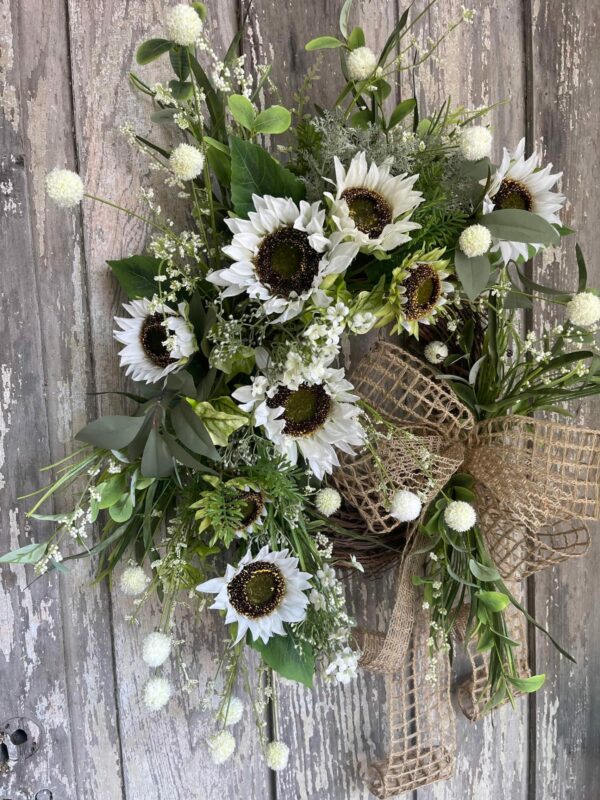White Sunflower Wreath with a Burlap Bow