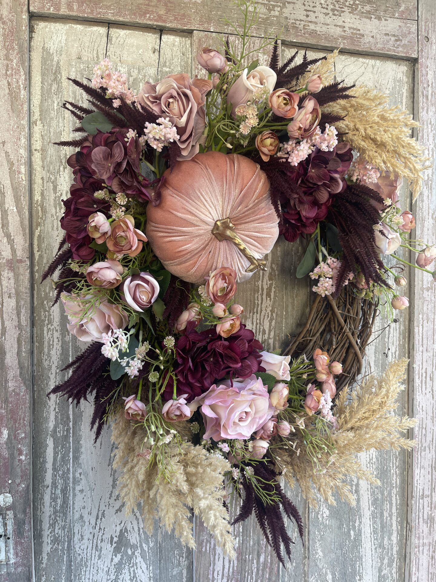 Pink Pumpkin Fall Wreath – Elegant Velvet Pumpkin and Rose Autumn Door ...