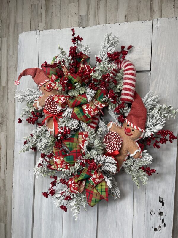 Snowy Gingerbread Double Bow Wreath